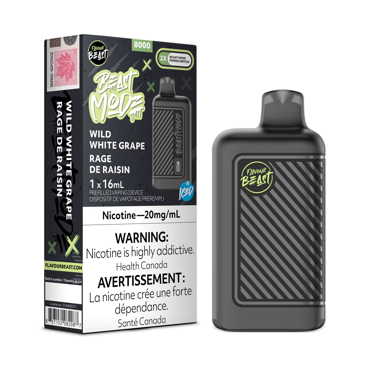 Flavour Beast Beast Mode 8K Disposable Vape: Wild White Grape (16 mL) product image at Vapelite Ottawa