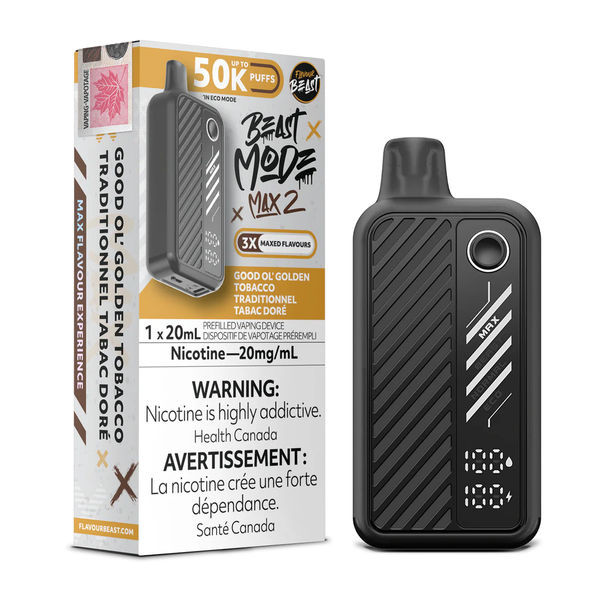 Flavour Beast Beast Mode Max 2 Disposable Vape: Good Ol' Golden Tobacco (20 mL) product image at Vapelite Ottawa