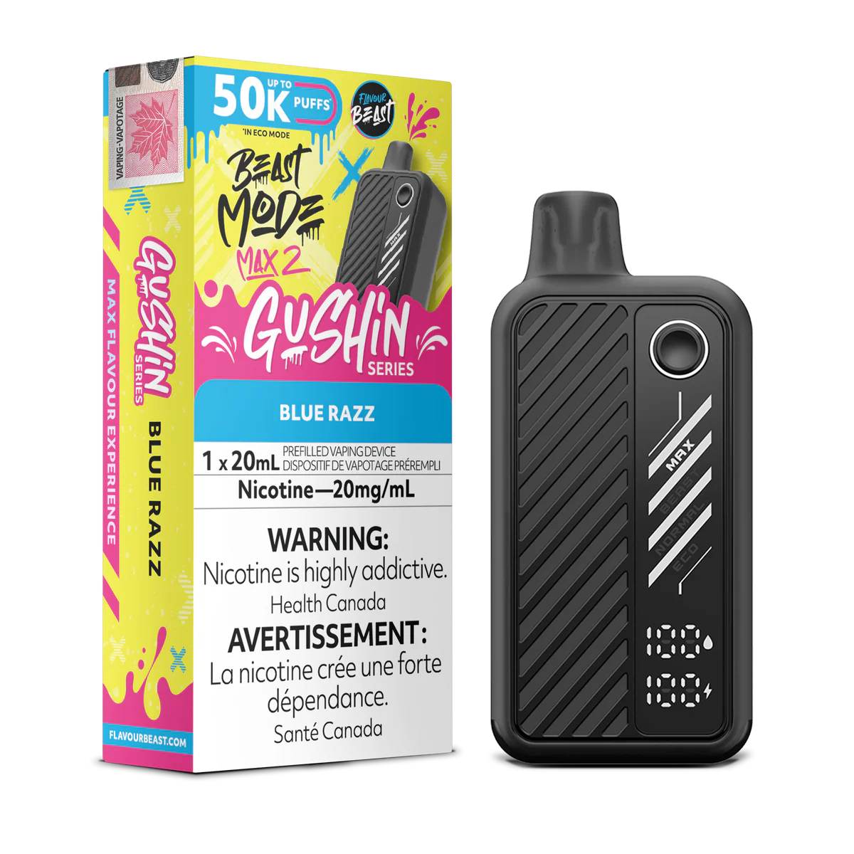 Flavour Beast Beast Mode Max 2 Disposable Vape: Gushin Blue Razz (20 mL) product image at Vapelite Ottawa