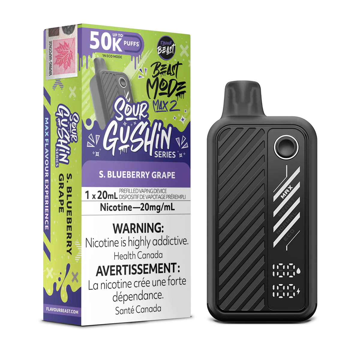 Flavour Beast Beast Mode Max 2 Disposable Vape: Gushin S. Blueberry Grape (20 mL) product image at Vapelite Ottawa