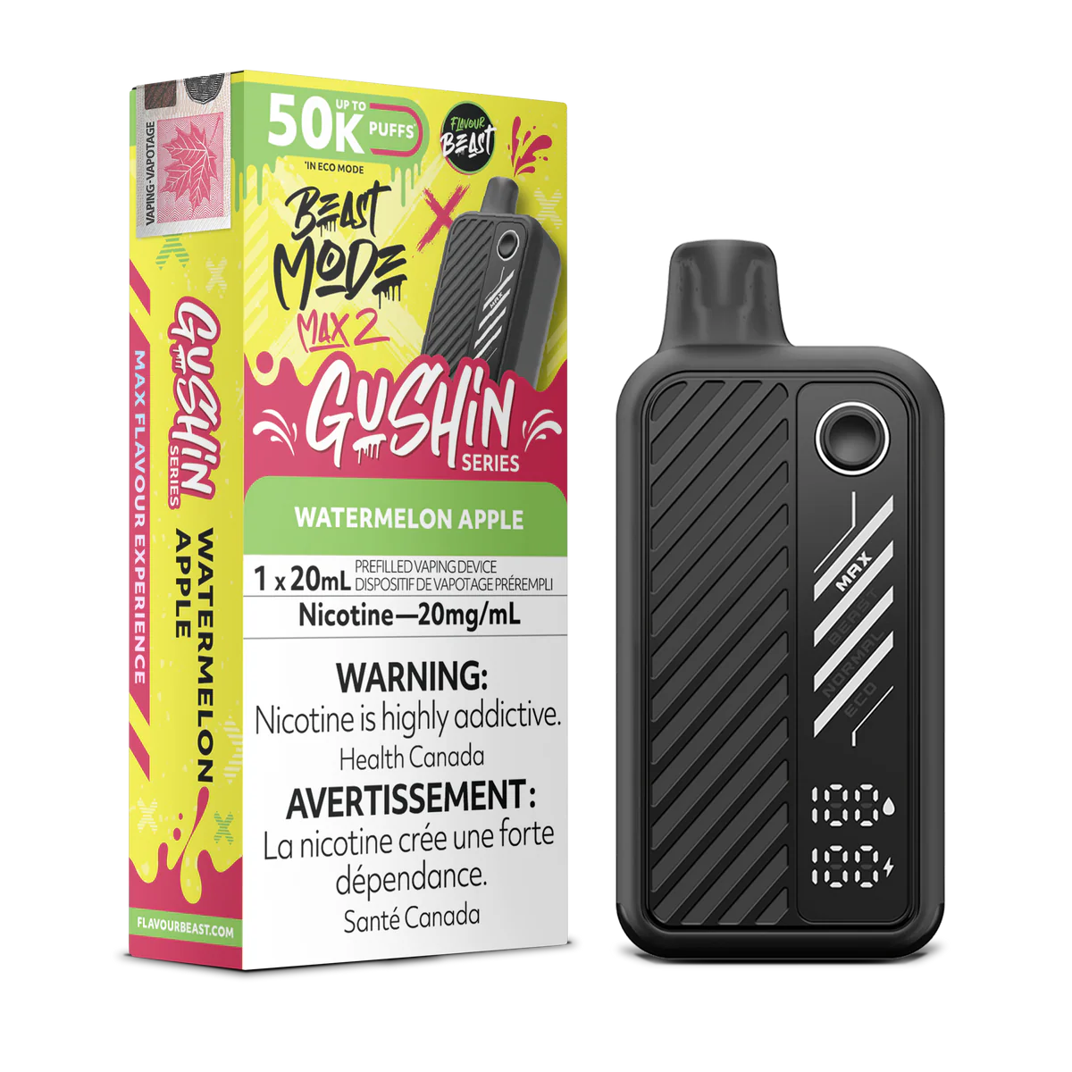 Flavour Beast Beast Mode Max 2 Disposable Vape: Gushin Watermelon Apple (20 mL) product image at Vapelite Ottawa