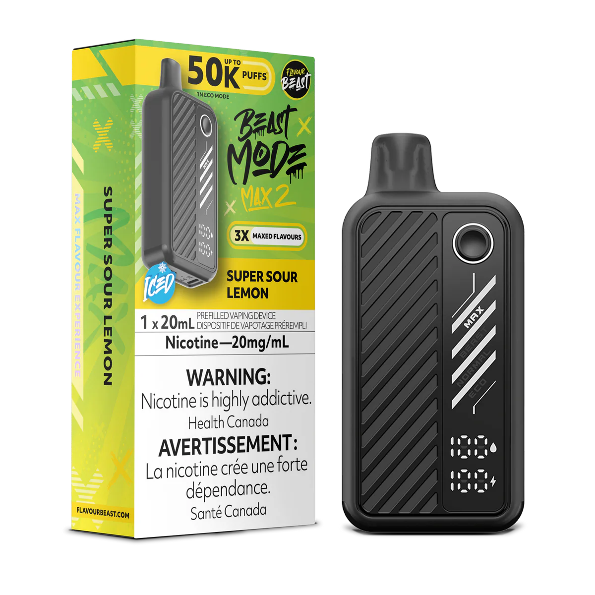 Flavour Beast Beast Mode Max 2 Disposable Vape: Super Sour Lemon (20 mL) product image at Vapelite Ottawa
