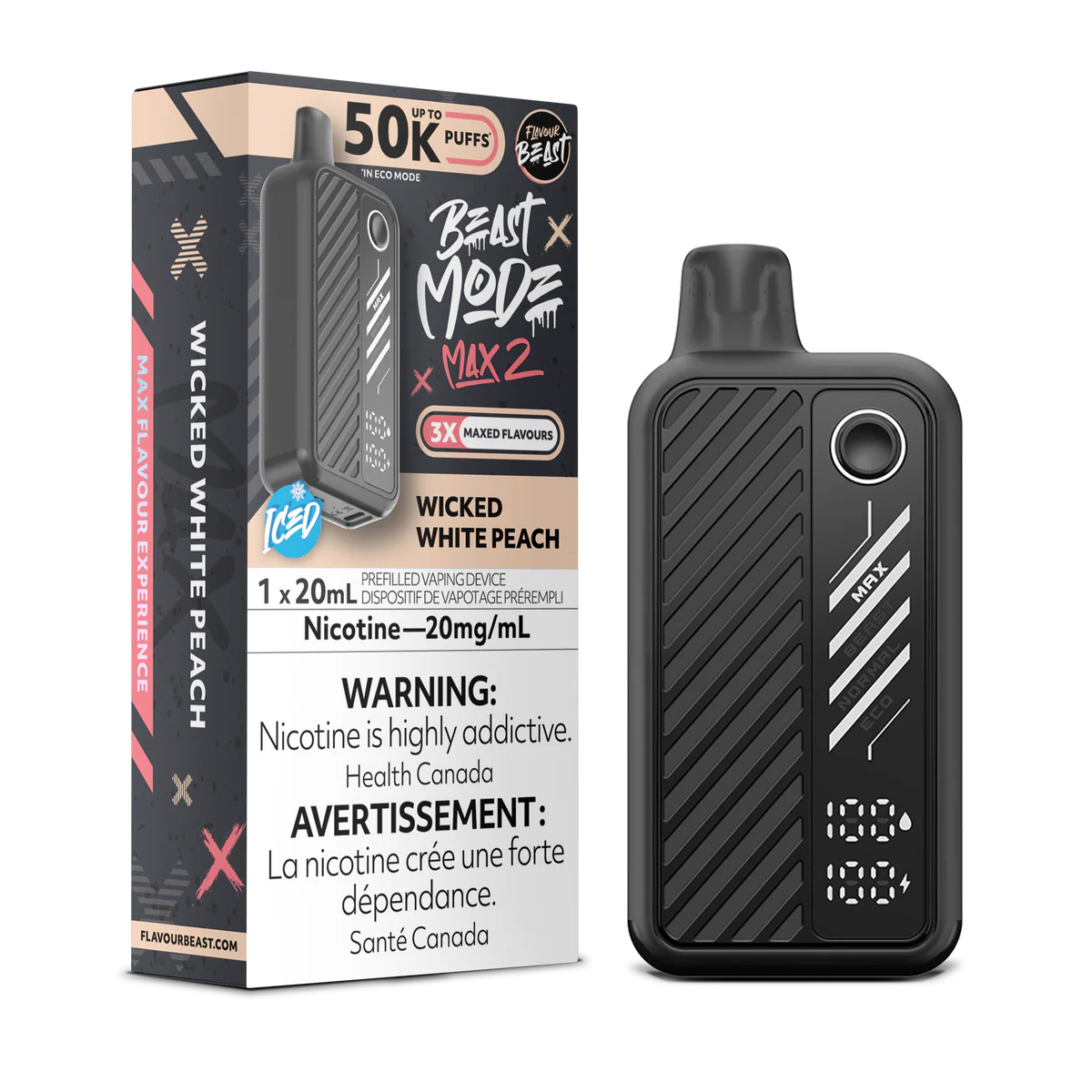 Flavour Beast Beast Mode Max 2 Disposable Vape: Wicked White Peach (20 mL) product image at Vapelite Ottawa
