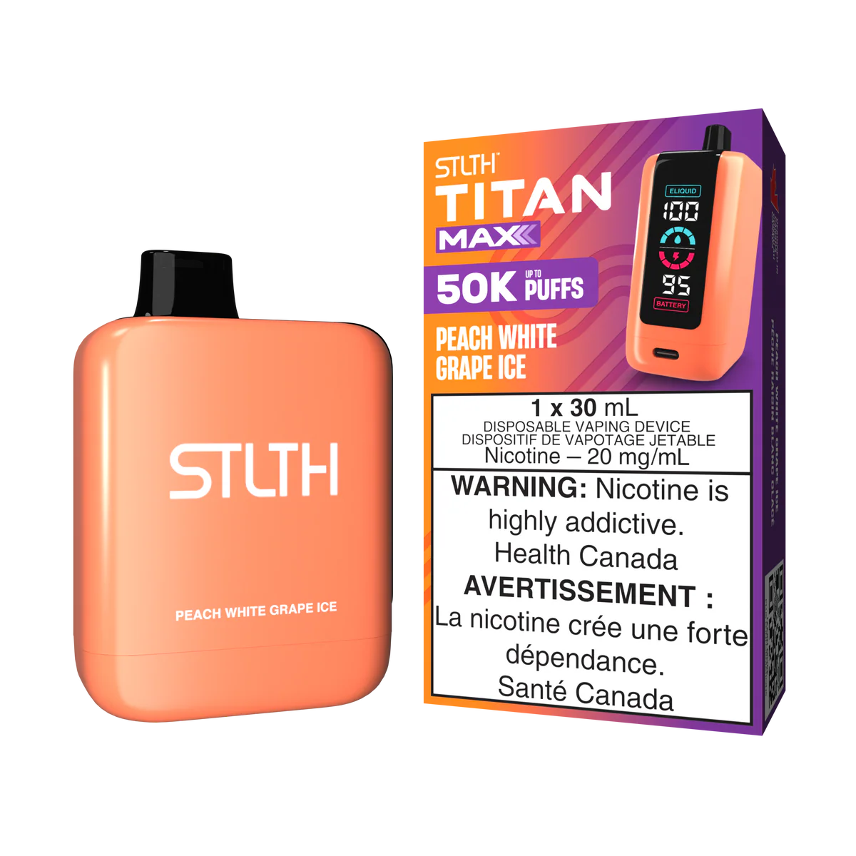 STLTH Titan Max Disposable Vape: Peach White Grape Ice (30 mL) product image at Vapelite Ottawa